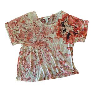 Style & Co Floral Embellished Blouse 🌺 Pink Red Short Sleeve Top Size S
